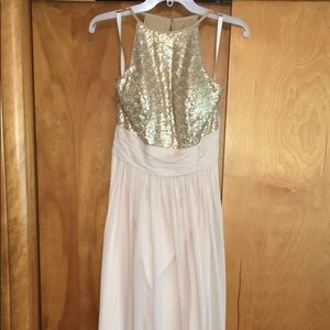 Gold bill Levkoff bridesmaid dress